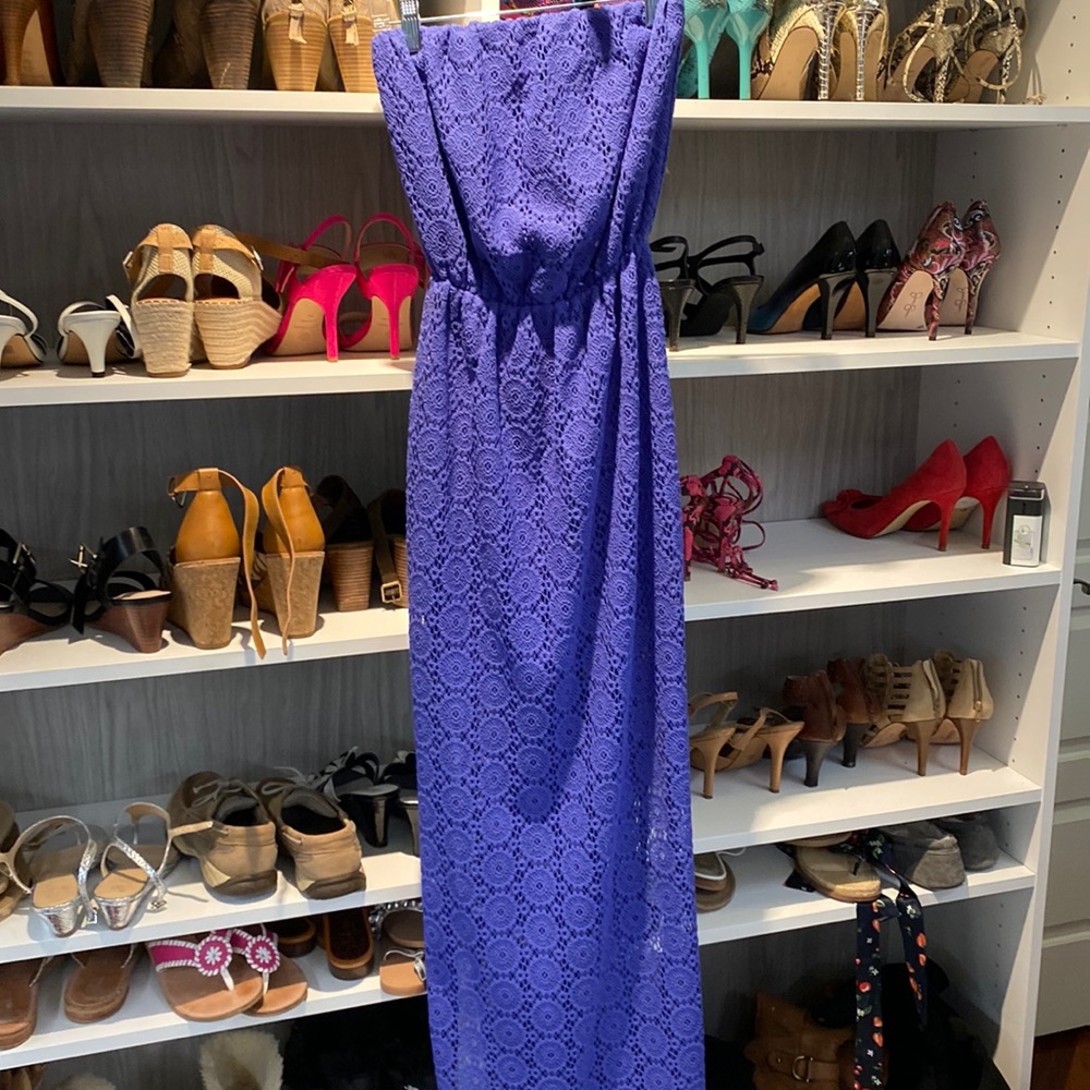 Lilly Pulitzer purple maxi dress with lining underneath to above the knee.